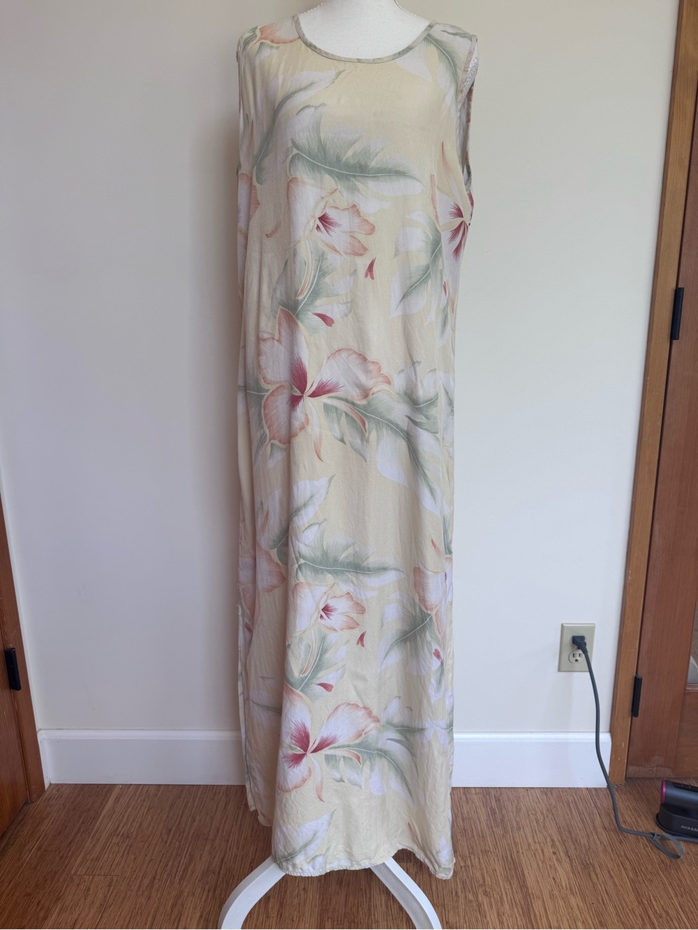 Sleeveless Floral Maxi Dress in Cream with Pink & Green Tropical floral design